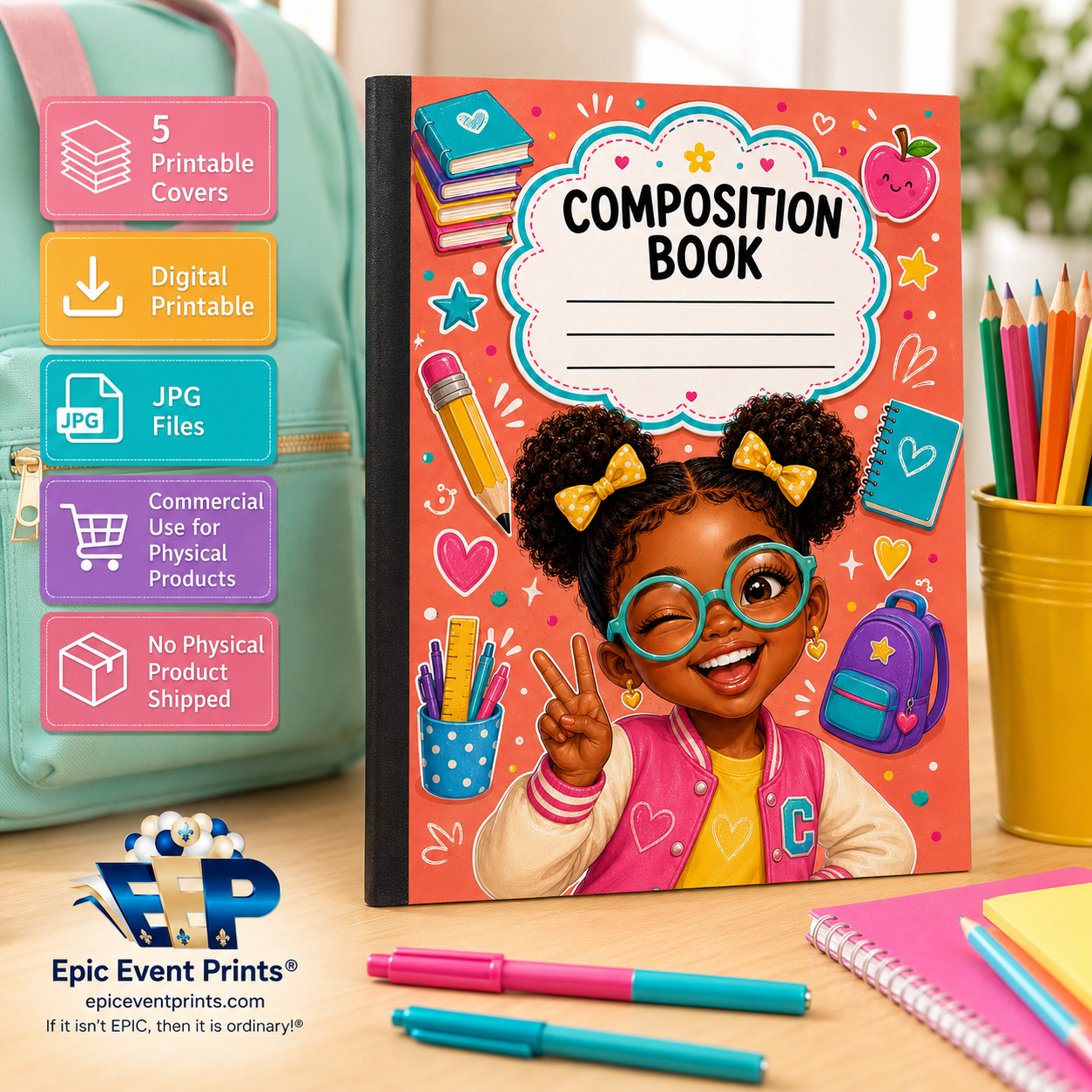 5 Printable Composition Notebook Covers | JPG Digital Download