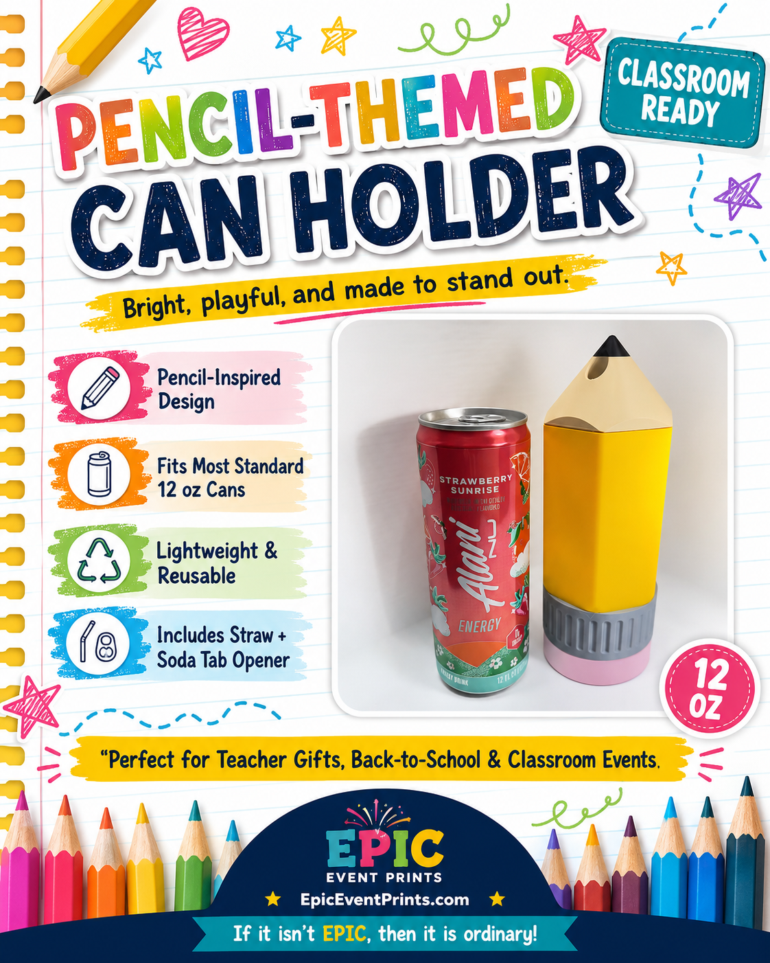 Pencil-Themed Can Holder | 3D Printed 12 oz Drink Holder image 0