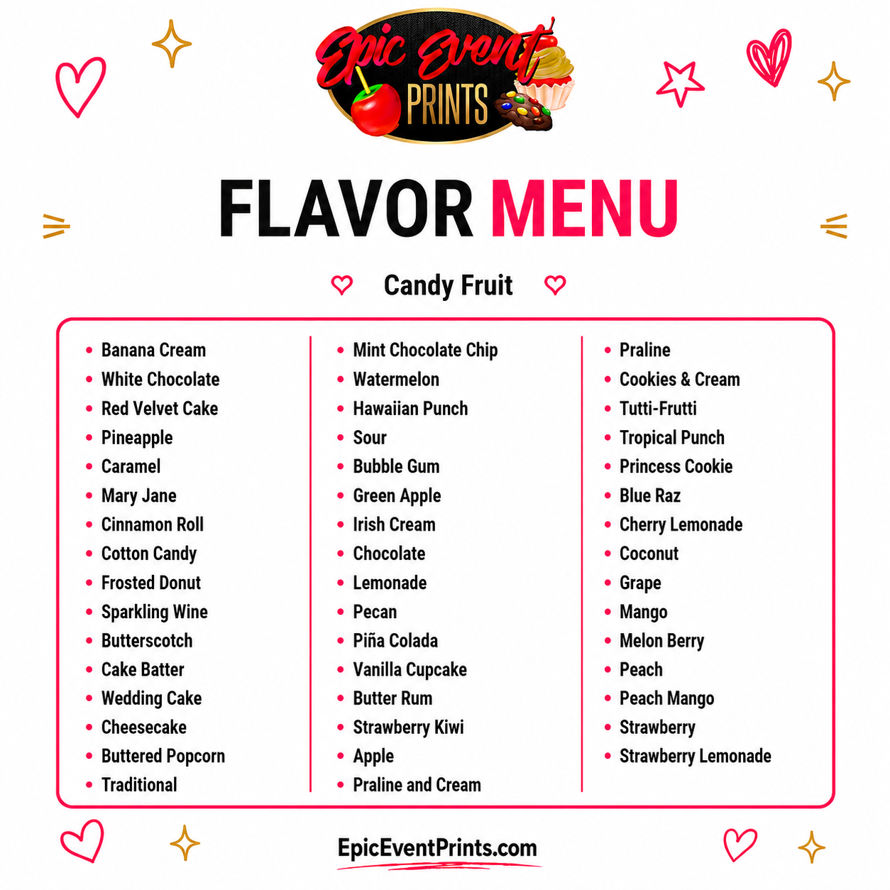 Candied Treats Flavor Menu | Epic Event Prints
