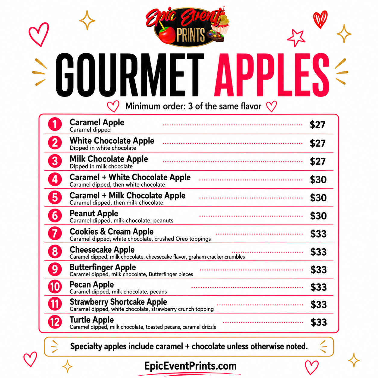 Gourmet Apples menu - Epic Event Prints