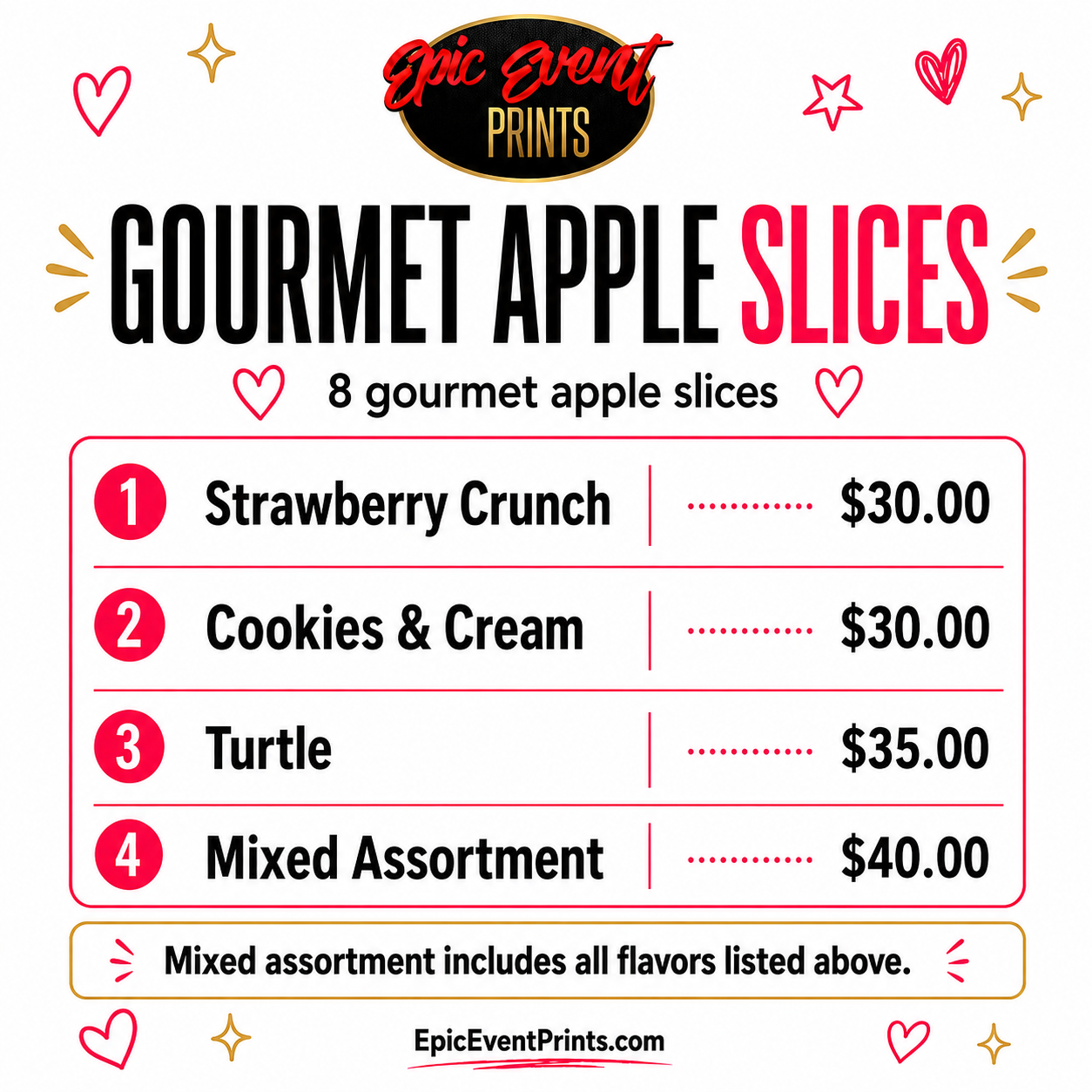 Gourmet Apple Slices Menu | Epic Event Prints