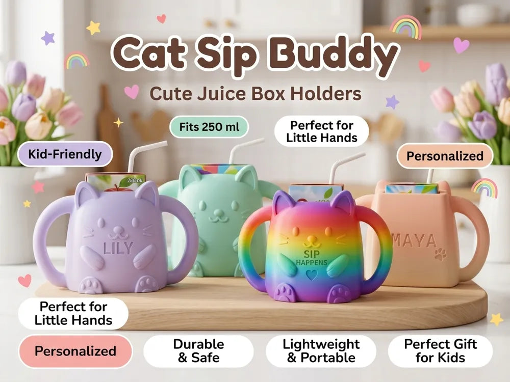 Cat Theme Sip Buddy Custom Juice Box Holder for Kids image 0