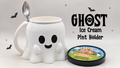 White smiling ghost ice cream pint holder with handle and side spoon rest, pictured with a pint tub