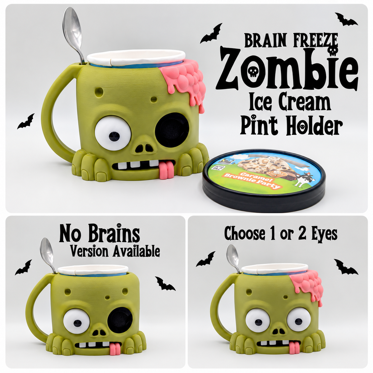 Green zombie ice cream pint holder with handle and spoon slot, shown with one-eye, two-eye, and no-brains designs